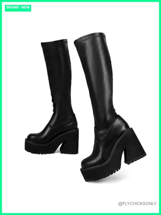Shoes - Elastic Knee High Platform Chunky Heel Sock Boots Zipper Round Toe Fashion